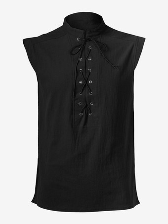 男性用ブラック ヴィンテージトップ エレガントなポリエステル レースアップ ノースリーブ レトロコスチューム