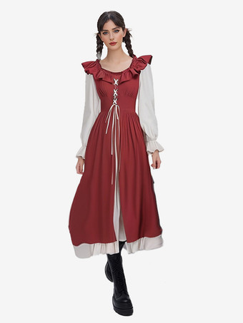 レッド コーヒーブラウン レトロコスチューム プリーツコスチュームドレス レディース エレガント チュニックコスチューム