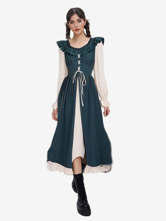 グリーン コーヒーブラウン レトロコスチューム プリーツコスチュームドレス レディース エレガント チュニックコスチューム