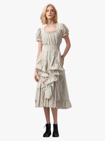 アプリコットコーヒーブラウン レトロコスチューム プリーツコスチュームドレス レディース エレガント チュニックコスチューム バーガンディ