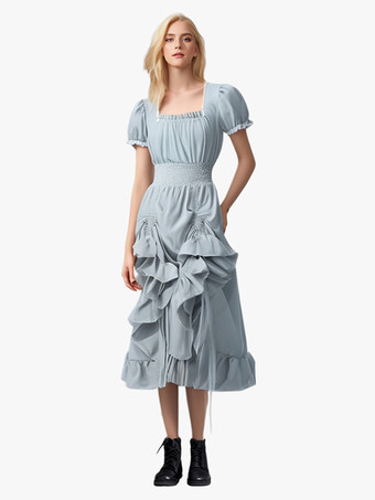 ライトスカイブルーコーヒーブラウン レトロコスチューム プリーツコスチュームドレス レディース エレガント チュニックコスチューム バーガンディ