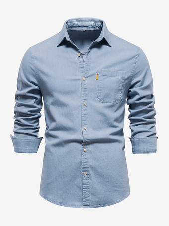 ライトスカイブルーメンズ カジュアル 無地 長袖シャツ スリムフィット デニムシャツ