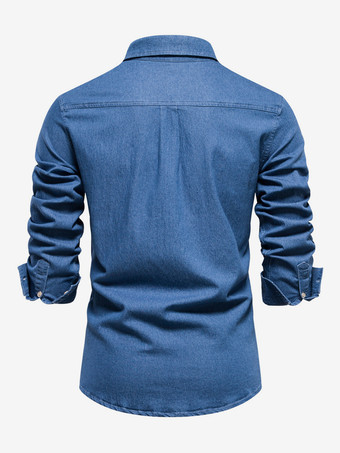 メンズ カジュアル 無地 長袖シャツ スリムフィット デニムシャツ