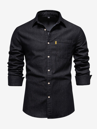 ブラック メンズ カジュアル 無地 長袖シャツ スリムフィット デニムシャツ