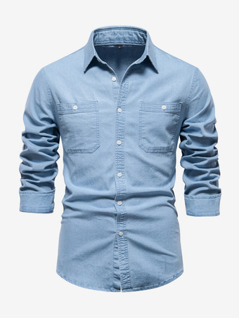 ライトスカイブルーメンズ カジュアル 無地 長袖 ラペル スリムフィット シャツ