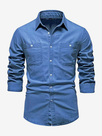 ブルー メンズ カジュアル 無地 長袖 ラペル スリムフィット シャツ