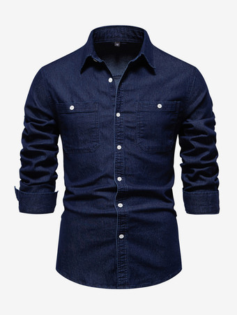ダークネイビーメンズ カジュアル 無地 長袖 ラペル スリムフィット シャツ