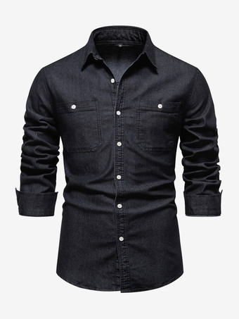 ブラック メンズ カジュアル 無地 長袖 ラペル スリムフィット シャツ