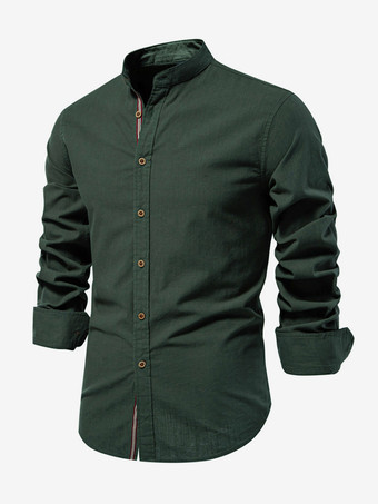 verde oscuroCamisas casuales para hombre Camisas casuales de algodón y lino de color sólido de manga larga y corte ajustado