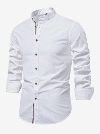 blanco Camisas casuales para hombre Camisas casuales de algodón y lino de color sólido de manga larga y corte ajustado