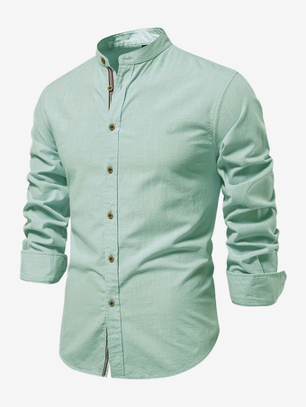 Verde rosaCamisas casuales para hombre Camisas casuales de algodón y lino de color sólido de manga larga y corte ajustado