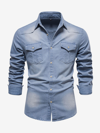 ライトスカイブルーメンズ デニムシャツ カジュアル 無地 長袖 スリムフィット シャツ