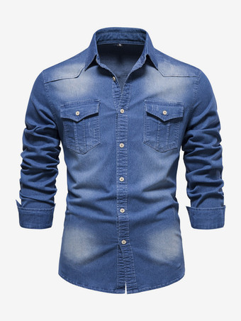ブルー メンズ デニムシャツ カジュアル 無地 長袖 スリムフィット シャツ
