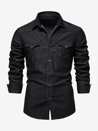 ブラック メンズ デニムシャツ カジュアル 無地 長袖 スリムフィット シャツ