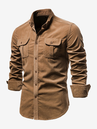 ブラウン メンズシャツ コットン スリムフィット カジュアル 長袖シャツ