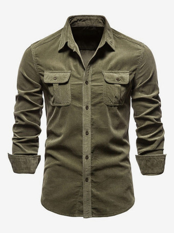 オリーブカラーメンズシャツ コットン スリムフィット カジュアル 長袖シャツ