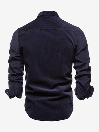 ダークネイビーメンズシャツ コットン スリムフィット カジュアル 長袖シャツ