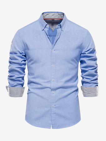 Azul celeste claroCamisa informal de corte entallado para hombre color liso manga larga botonadura sencilla