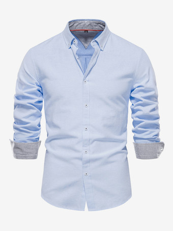 Azul ClaroCamisa informal de corte entallado para hombre color liso manga larga botonadura sencilla