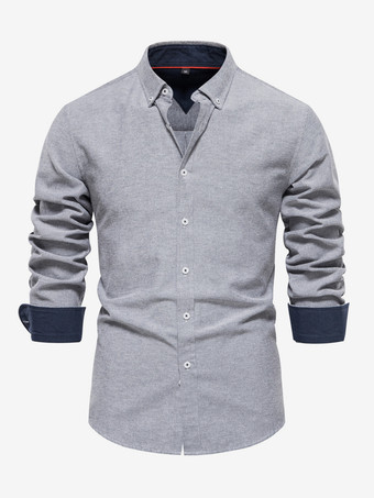 GrisCamisa informal de corte entallado para hombre color liso manga larga botonadura sencilla