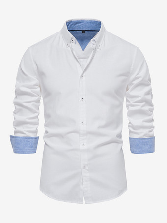 blanco Camisa informal de corte entallado para hombre color liso manga larga botonadura sencilla