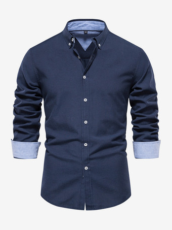 Azul marino oscuro  Camisa informal de corte entallado para hombre color liso manga larga botonadura sencilla