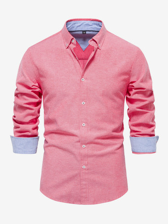 Rojo de sandíaCamisa informal de corte entallado para hombre color liso manga larga botonadura sencilla
