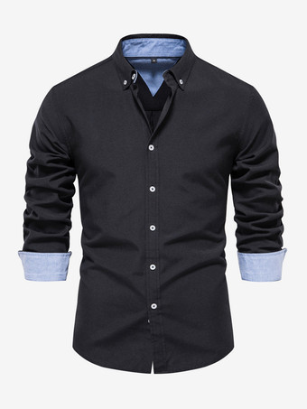 negro Camisa informal de corte entallado para hombre color liso manga larga botonadura sencilla