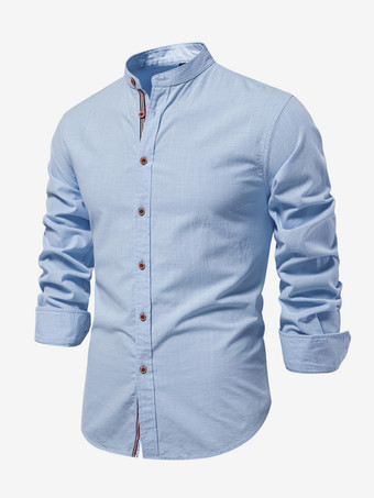 ライトスカイブルーメンズ スリムシャツ コットン&リネン カジュアル シングルブレスト 無地 長袖シャツ