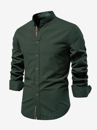 ダークグリーンメンズ スリムシャツ コットン&リネン カジュアル シングルブレスト 無地 長袖シャツ