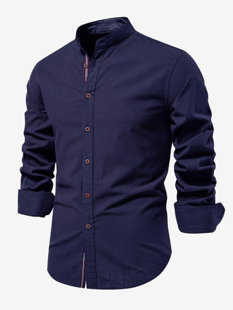 ダークネイビーメンズ スリムシャツ コットン&リネン カジュアル シングルブレスト 無地 長袖シャツ