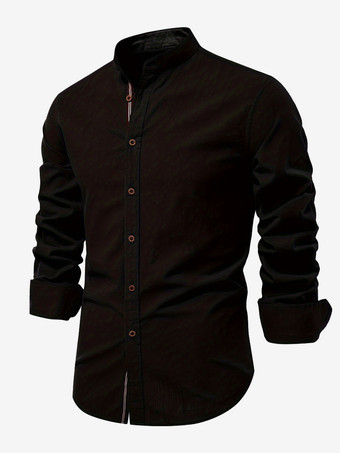 ブラック メンズ スリムシャツ コットン&リネン カジュアル シングルブレスト 無地 長袖シャツ