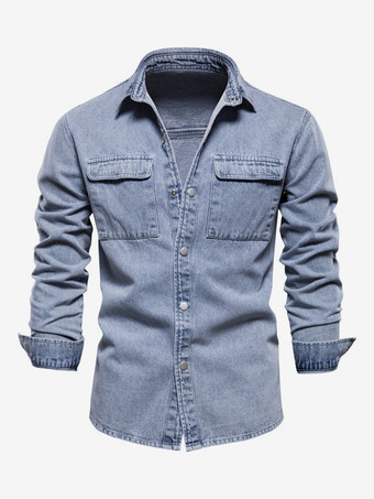 メンズ デニムシャツ トップス カジュアル ラペル デニムシャツ ポケット付き
