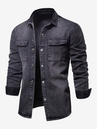 メンズ デニムシャツ トップス カジュアル ラペル デニムシャツ ポケット付き