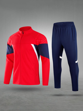 レッド メンズ 長袖 ジッパージャケット コーチユニフォーム ニットスタンドカラー トレーニングユニフォーム