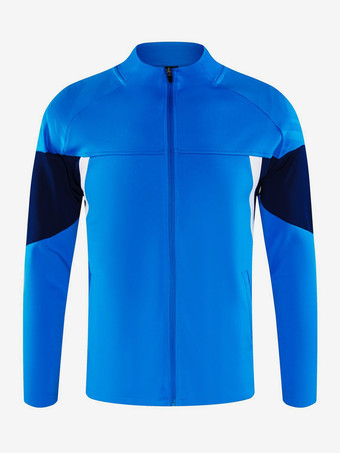 ブルー メンズ 長袖 ジッパー コーチングユニフォーム ニット フットボール トレーニング スタンドカラー スポーツジャケット