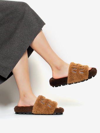 レディース ニットウール 冬用スライド フラット オープントゥ スライド