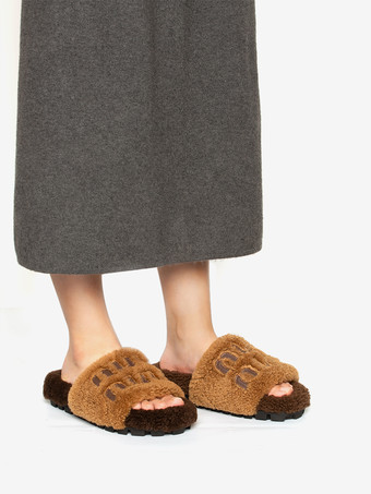 レディース ニットウール 冬用スライド フラット オープントゥ スライド