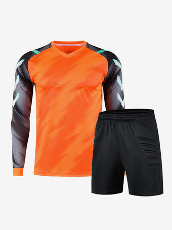 オレンジ メンズ サッカースーツ ゴールキーパー ユニフォーム 大人用 通気性 トレーニング ジャージ 長袖 トップスとショーツ