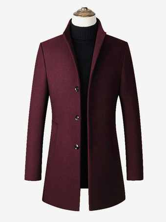 ワインレッド メンズ ミドル丈 ウィンドブレーカー ウールコート スタンドカラー 大きいサイズコート