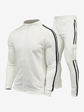 Bianco Completo sportivo da uomo in due pezzi cardigan con colletto alto abbigliamento sportivo giovanile pantaloni casual aderenti