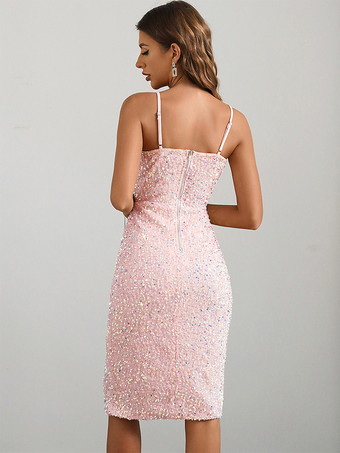 パーティードレス ピンク ストラップネック フロントスリット ノースリーブ セミフォーマルドレス