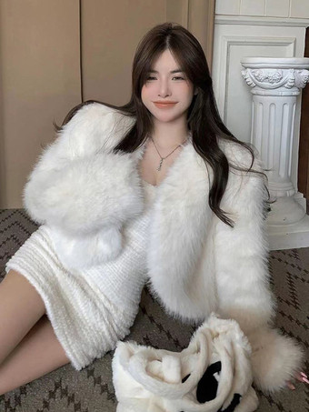 フェイクファーコート ホワイト ウエストラインなし 長袖 フェイクファーコート オーバーサイズ レディースコート