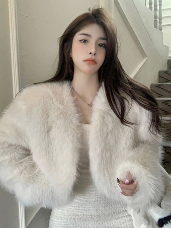 フェイクファーコート ホワイト ウエストラインなし 長袖 フェイクファーコート オーバーサイズ レディースコート