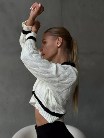 レディースプルオーバー ダークネイビー ツートン Vネック 長袖 オーバーサイズ ポリエステル セーター