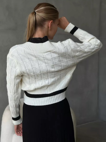 レディースプルオーバー ダークネイビー ツートン Vネック 長袖 オーバーサイズ ポリエステル セーター