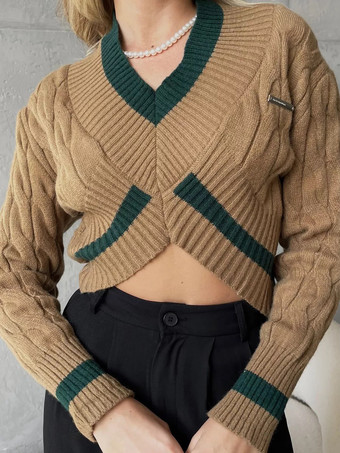 ライトブラウンレディースプルオーバー ダークネイビー ツートン Vネック 長袖 オーバーサイズ ポリエステル セーター