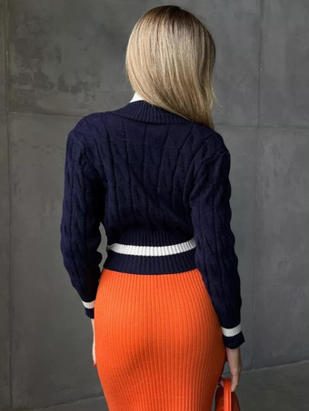 レディースプルオーバー ダークネイビー ツートン Vネック 長袖 オーバーサイズ ポリエステル セーター