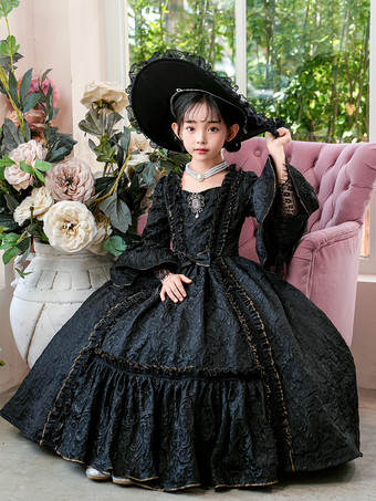 ビクトリア朝のロココ調の衣装、黒のレトロなフリルドレス、女の子の貴族ドレス