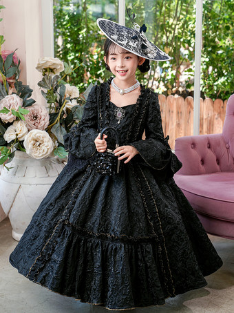 ブラック ビクトリア朝のロココ調の衣装、黒のレトロなフリルドレス、女の子の貴族ドレス